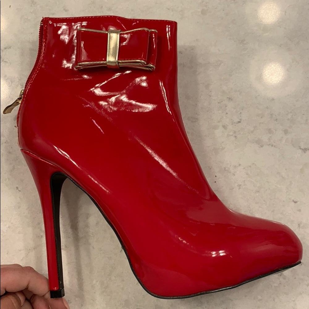 Red Faux Leather Ankle Booties